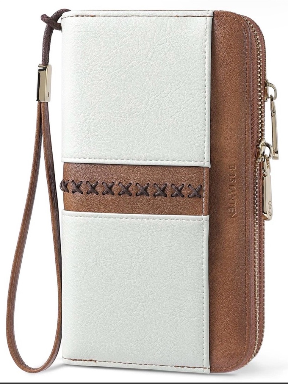 Bostanen RFID White and Brown double zip Full Capacity Wristlet Wallet